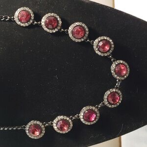 Beautiful Black Gun Metal Tone necklace with purple and white rhinestones